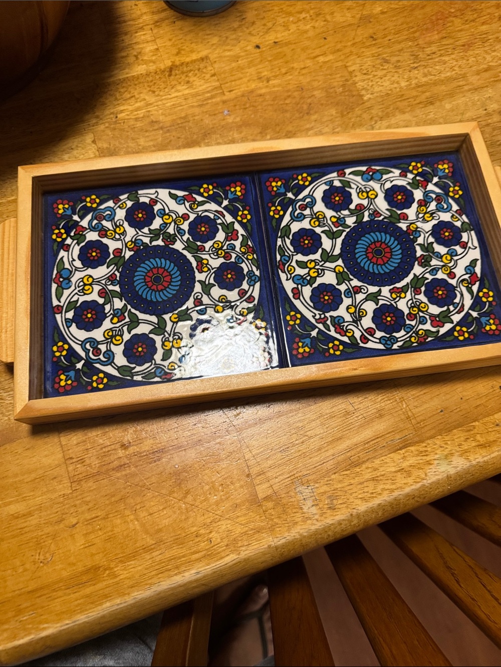 Decorative Ceramic Tile Serving Tray - Blue Floral Medallion